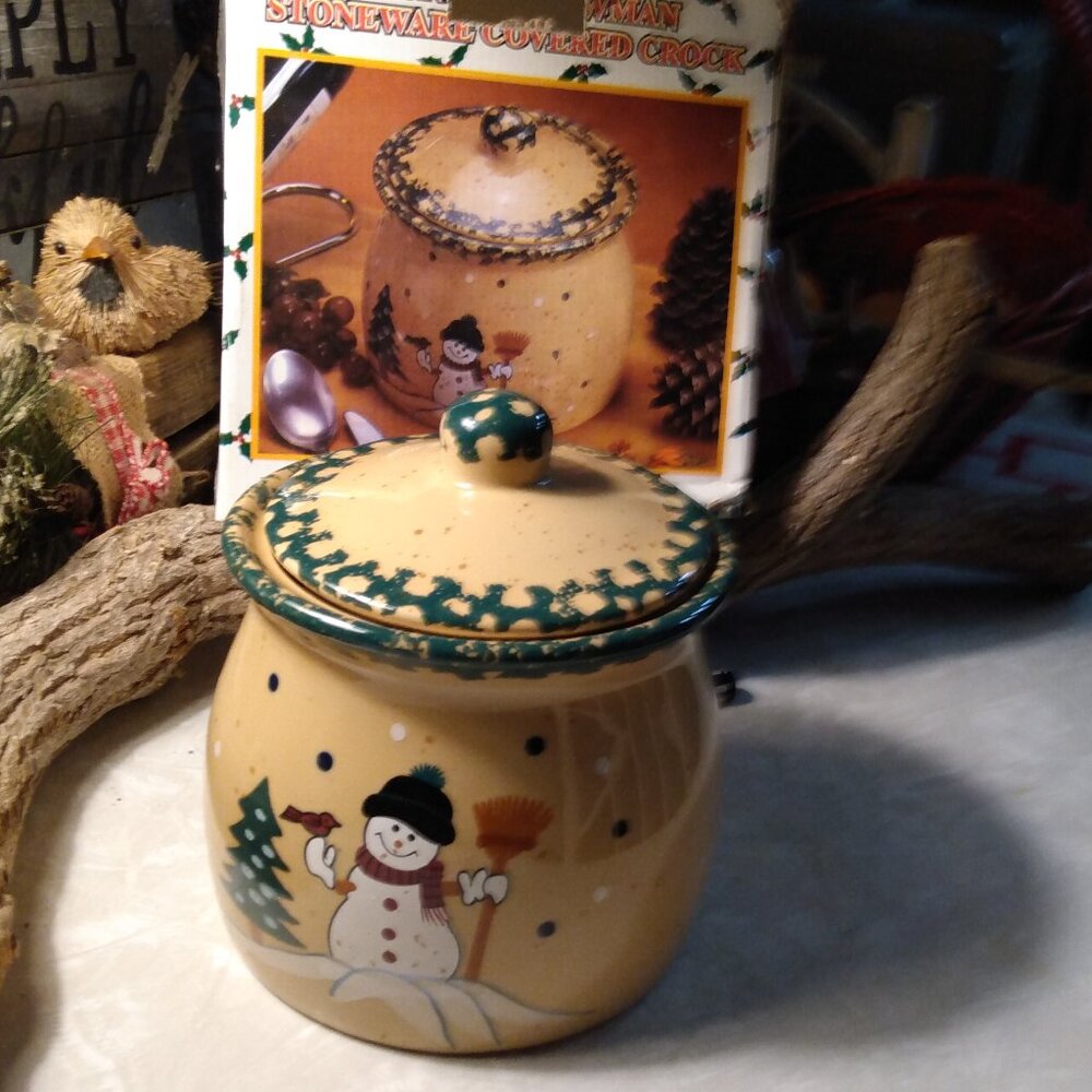 Country Snowman Crock Cookie Jar Ceramic Storage Winter